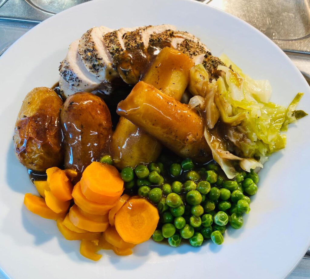Home-cooked roast dinner served at Tregwilym Lodge