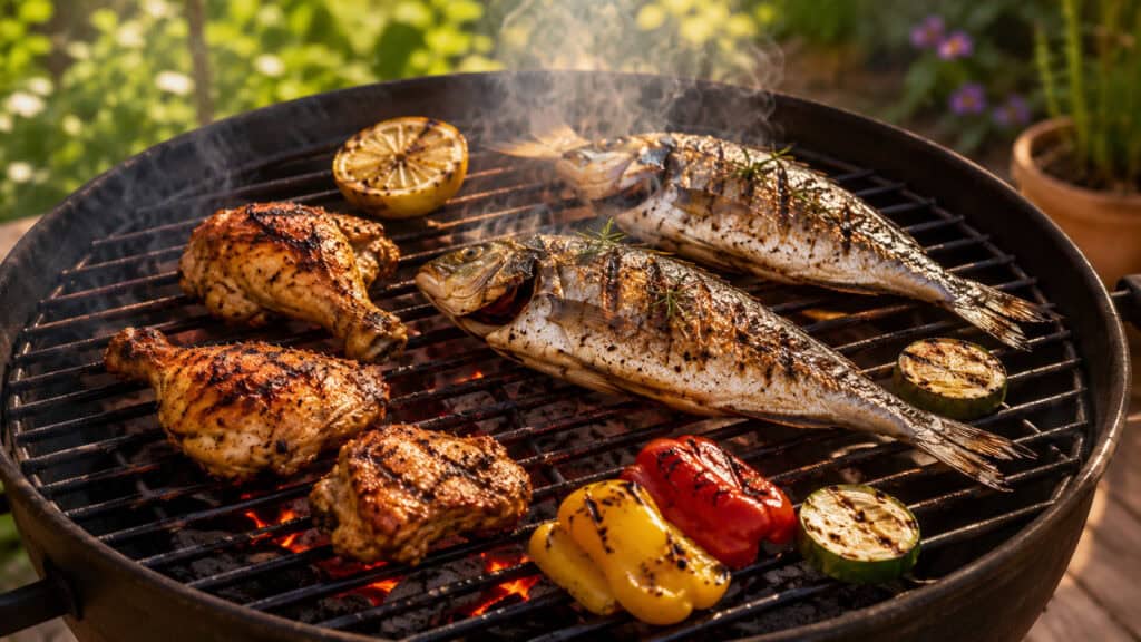 Forelle und Hänchenbrust wird auf Grill gegaart
