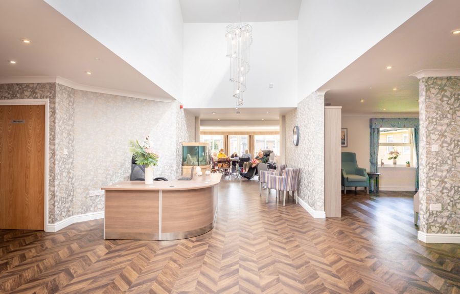 The reception area at Midfield Lodge care home in Cambridge - Maven Healthcare