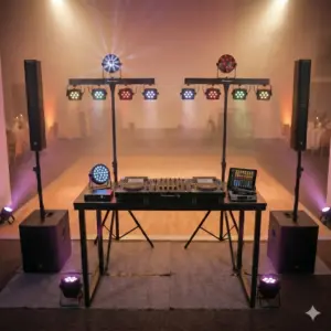 Professionelles DJ-Anlagen-Komplettset Gemini_Generated_Image_jfelfxjfelfxjfel.png für Hochzeiten und gehobene Geburtstage. Auf einem schwarzen Tisch befindet sich ein Pioneer DJ-Mischpult mit zwei Mediaplayern, ein Funkmikrofon-Empfänger und ein Tablet zur Lichtsteuerung. Flankiert wird das Setup von zwei Säulen-PA-Lautsprechern auf Subwoofern, zwei Lichtstativen mit LED-Bars, LED-Effektscheinwerfern und Flat-Pars am Boden für farbige Uplighting-Ambientebeleuchtung.
