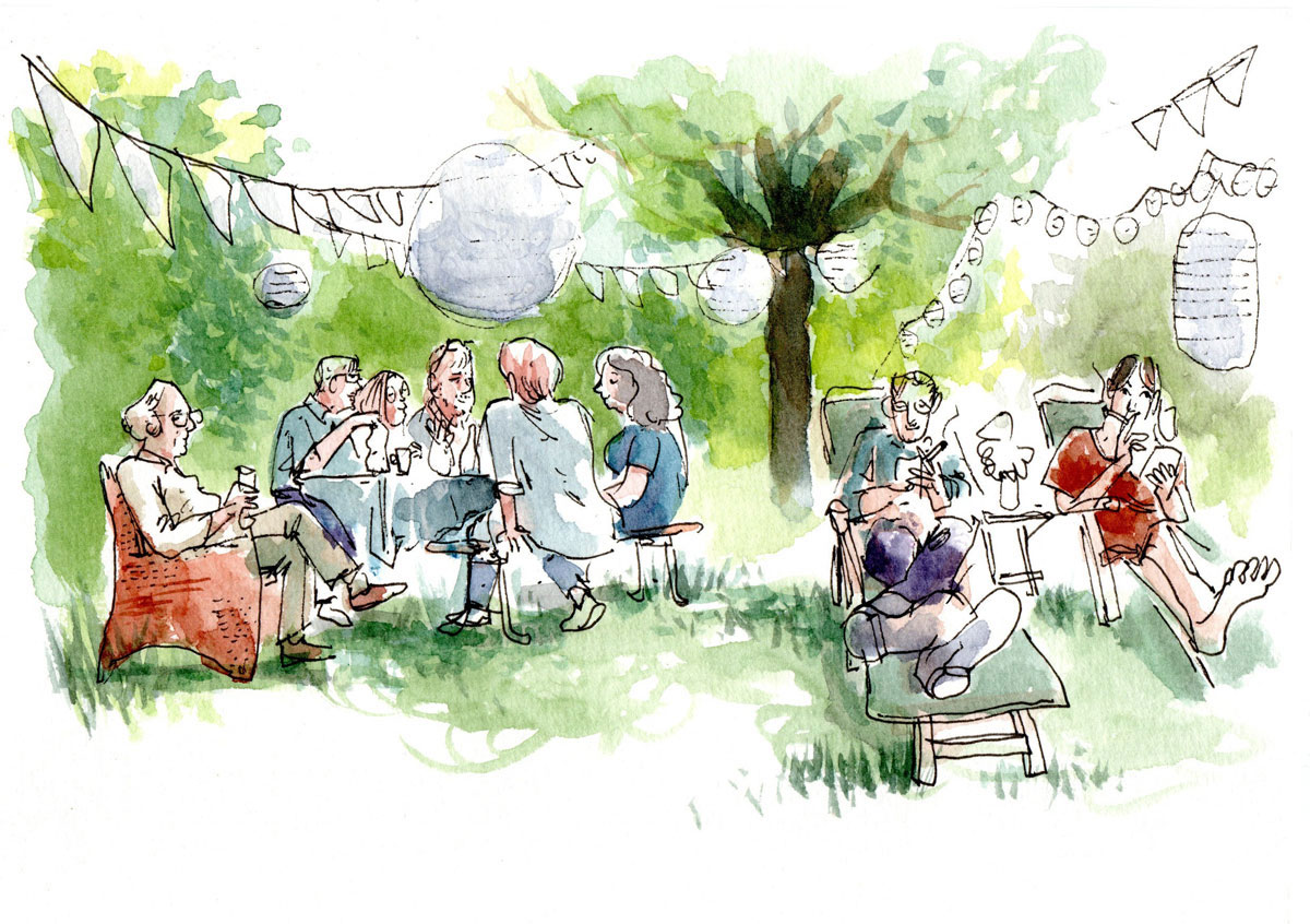 Illustration eines Frühstücks unter Girlanden und Bäumen