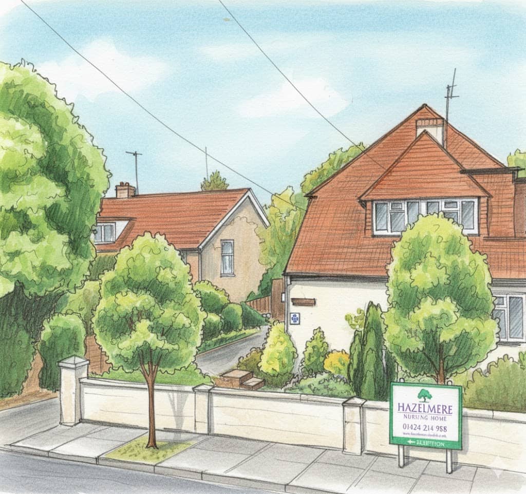 Color illustration of Hazelmere Nursing Home with garden and trees