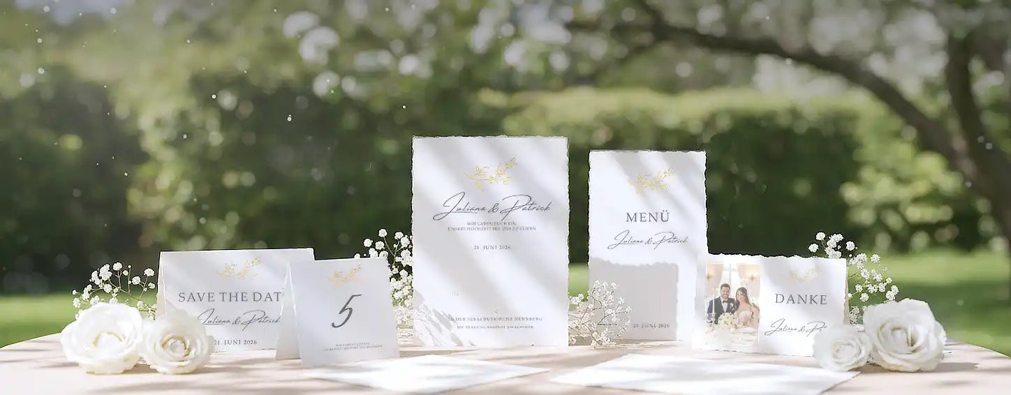 Ihre Hochzeitskarten auf handgeschöpftem Büttenpapier - von Ihnen entworfen, von uns gedruckt.