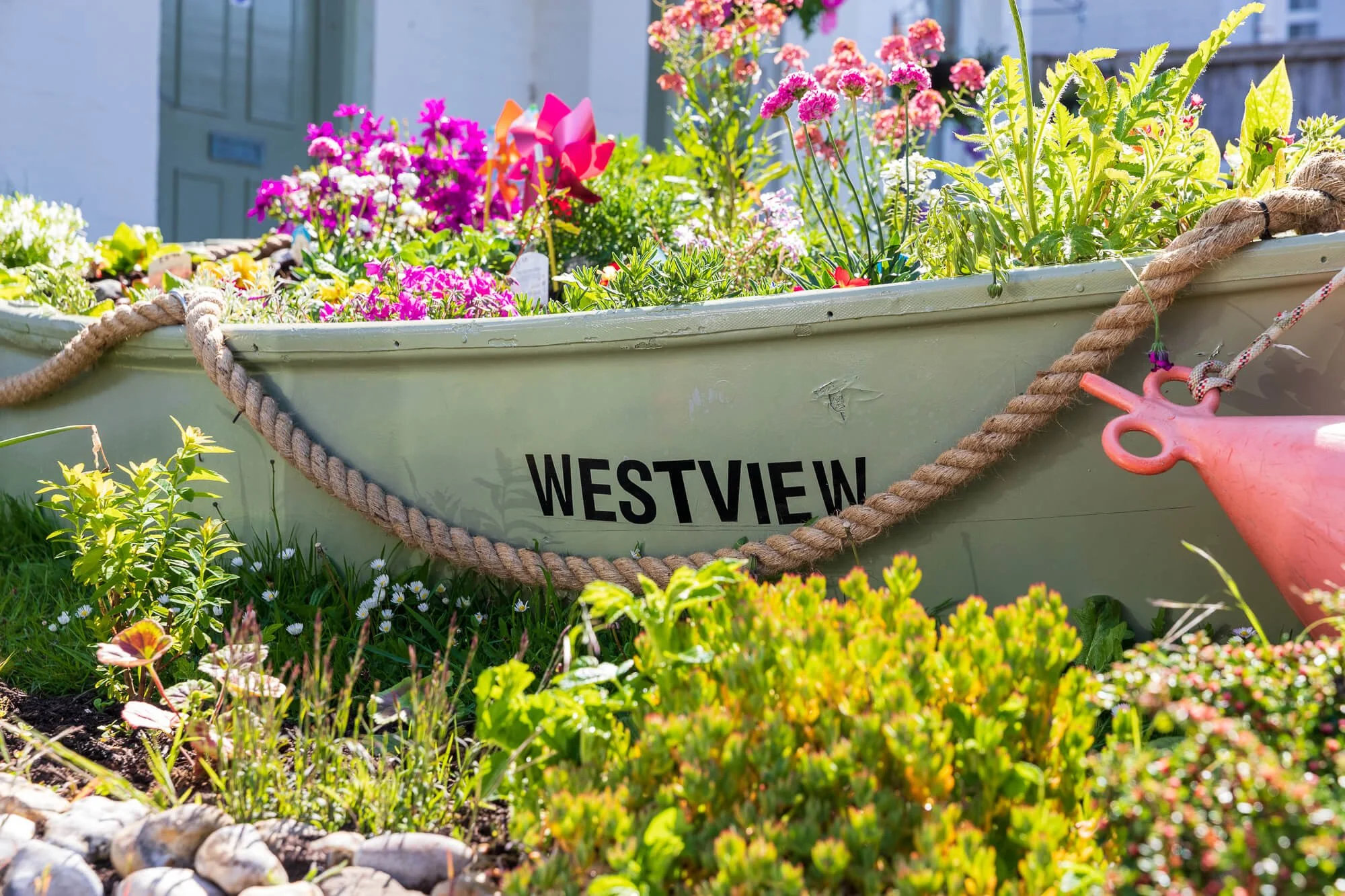 Picture of flowers in a boat pot outside westview house