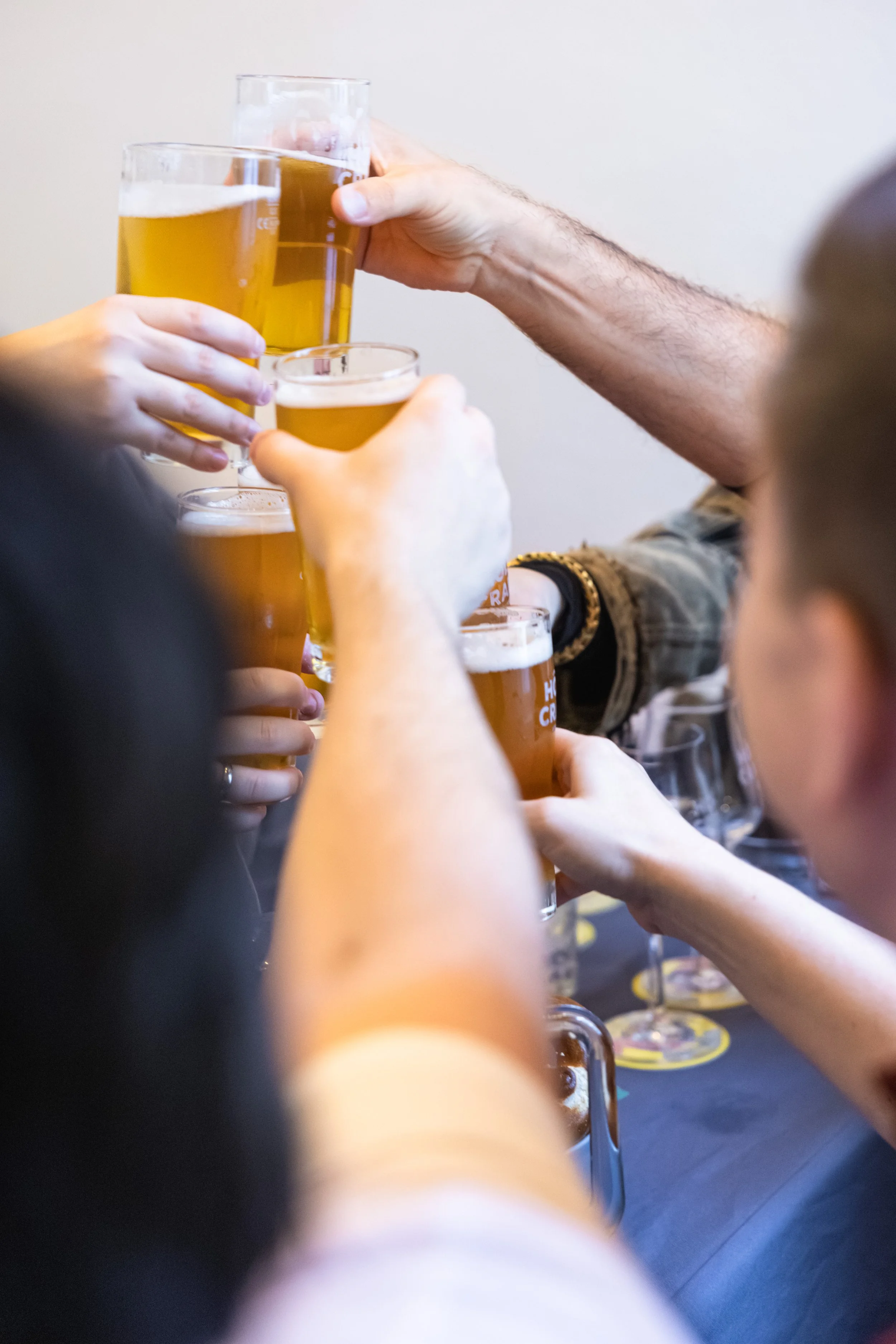 Menschen stoßen mit Biergläsern in einer Gruppe an.