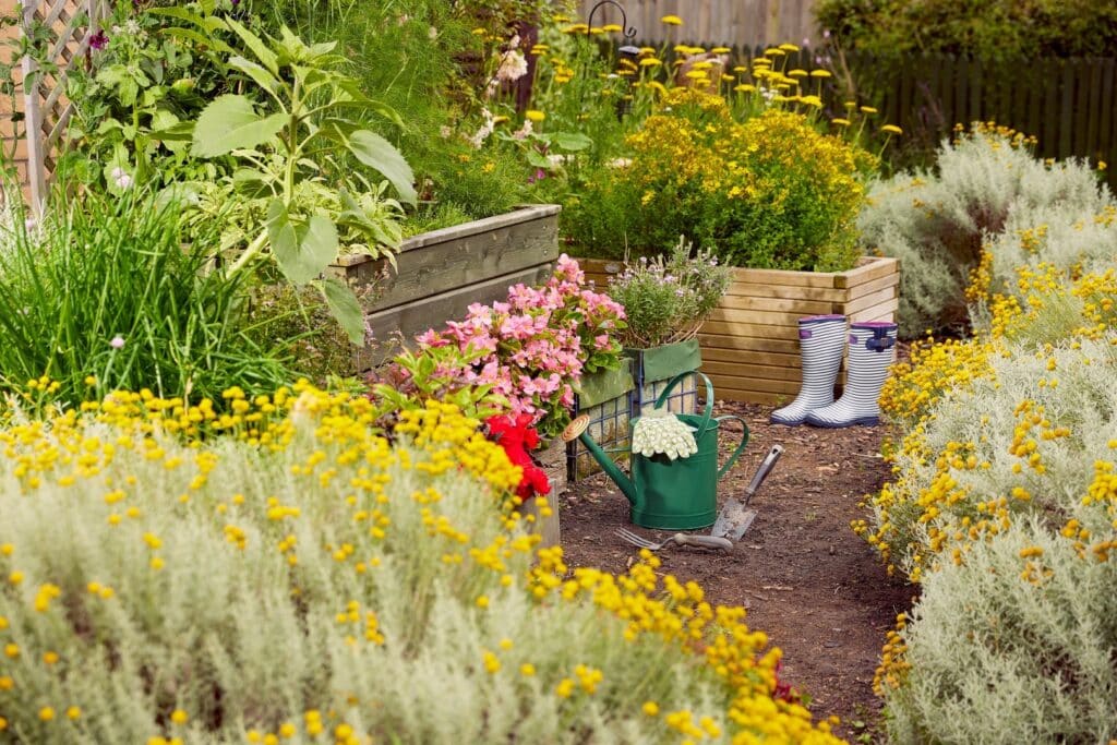 Colourful garden with flowers, tools, and wellies