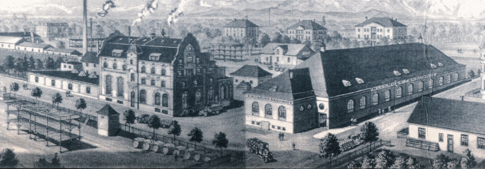 Historische Zeichnung eines Brauhauses aus dem Jahr 1937 mit mehreren Gebäuden und einem Hof.
