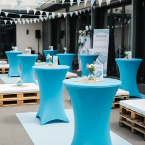 Mieten Stehtischhussen Zürich – himmelblaue Hussen für Events